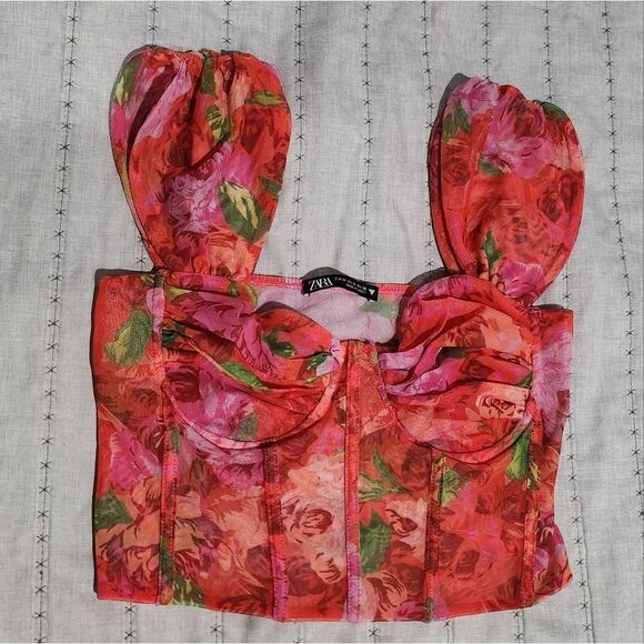 ZARA Floral Cropped Tulle Corset Top - Picture 3 of 7